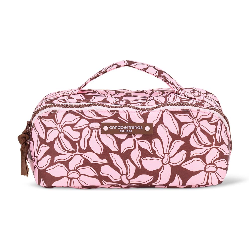 Pink floral patterned cosmetic bag with a visible brand label on a white background