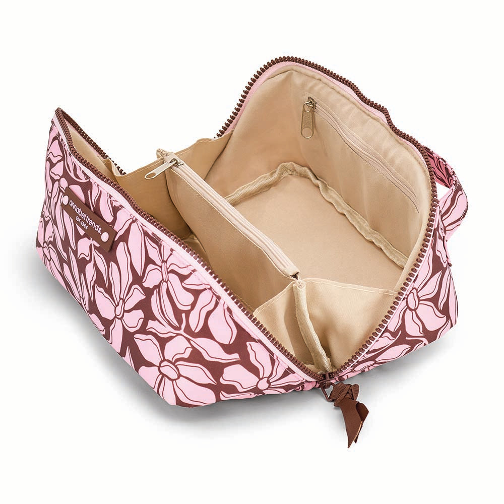 Pink floral-patterned makeup bag with beige interior on a white background