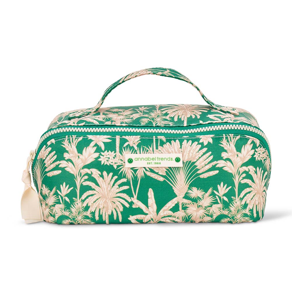 Green cosmetic bag with beige floral pattern on a white background