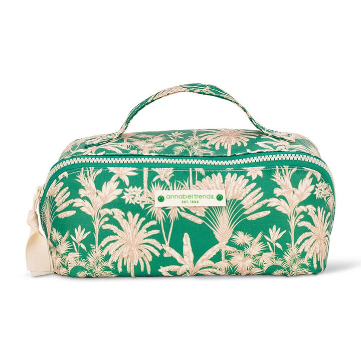 Green cosmetic bag with beige floral pattern on a white background