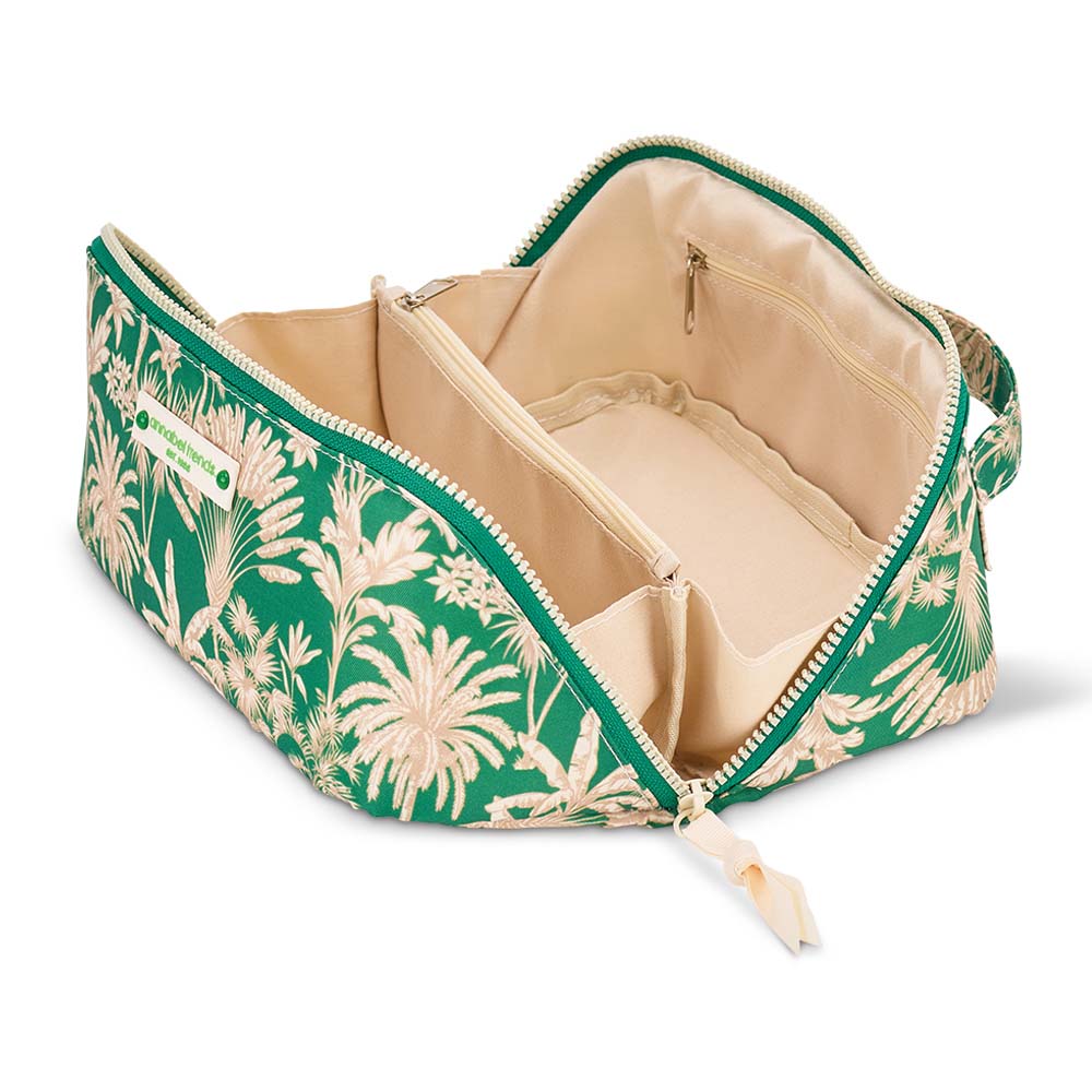 Green floral-patterned bag with beige interior on a white background