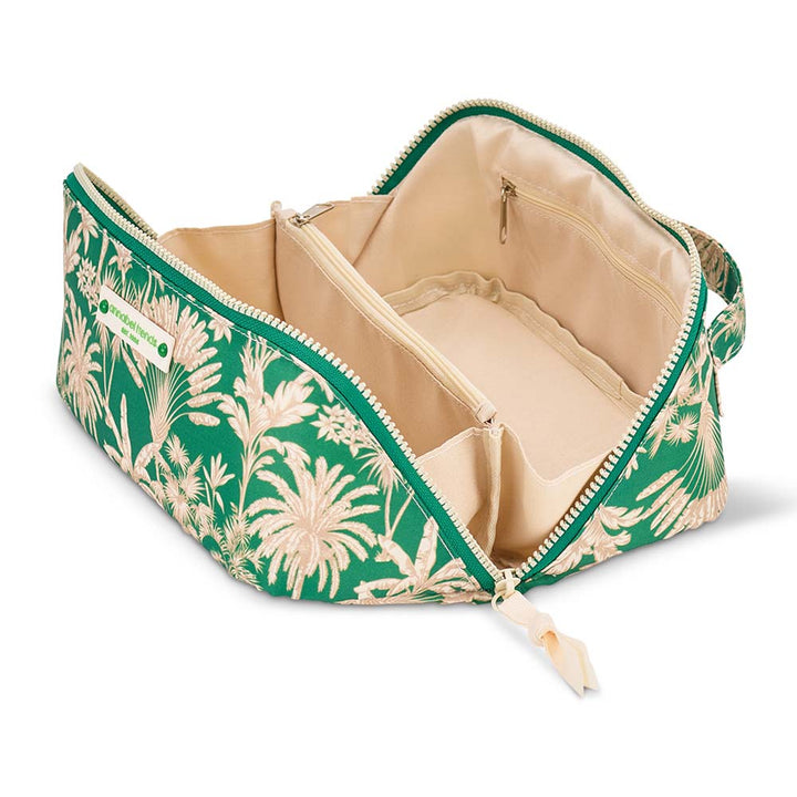 Green floral-patterned bag with beige interior on a white background
