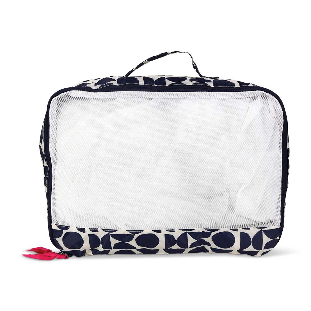 Clear packing cube with navy patterned exterior on a white background