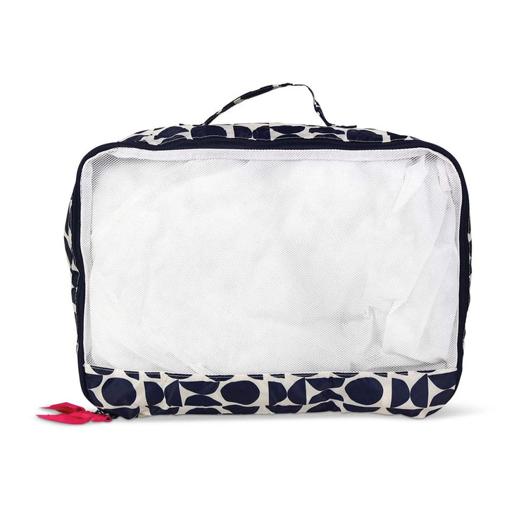 Clear packing cube with navy patterned exterior on a white background