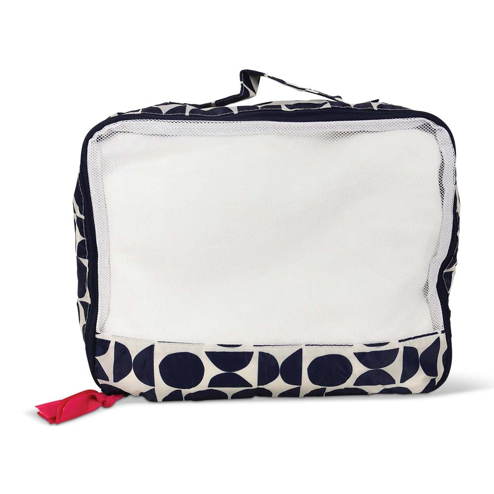 Packable pouch with navy blue geometric pattern on a white background