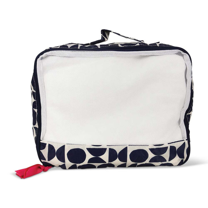Packable pouch with navy blue geometric pattern on a white background