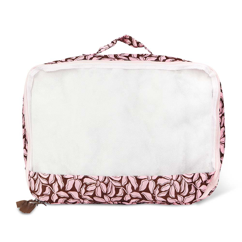 Foldable travel pouch with pink floral pattern on a white background