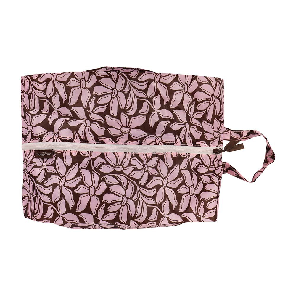 Floral-patterned shoe bag with a zipper on a white background