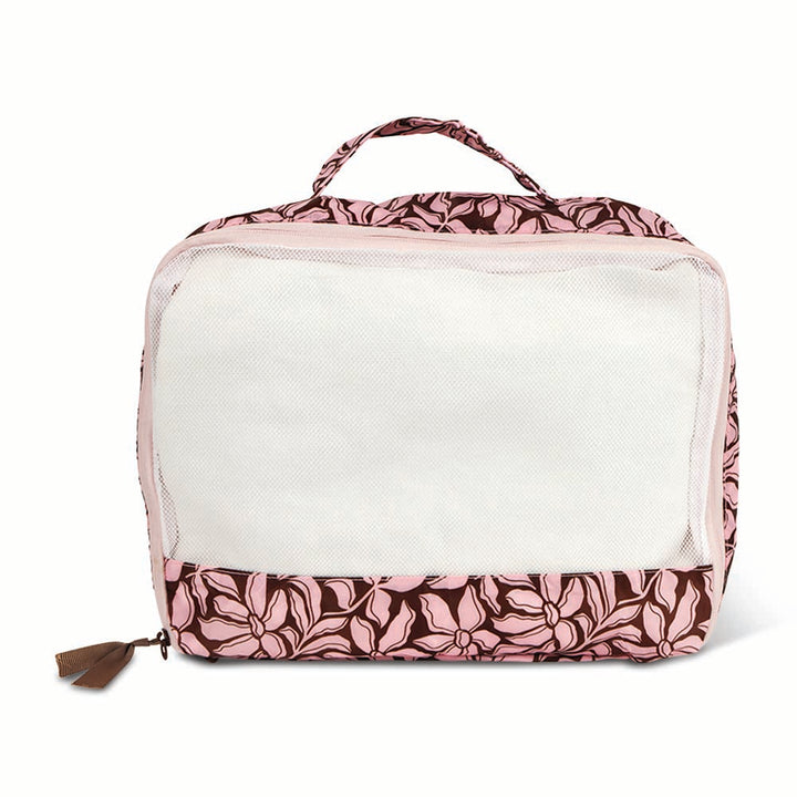 Pink floral-patterned travel packing cube on a white background