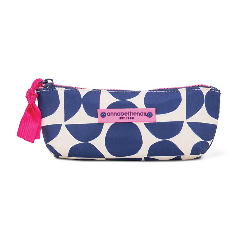 Pouch with blue and white pattern and pink accents on a white background