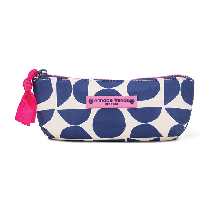 Pouch with blue and white pattern and pink accents on a white background
