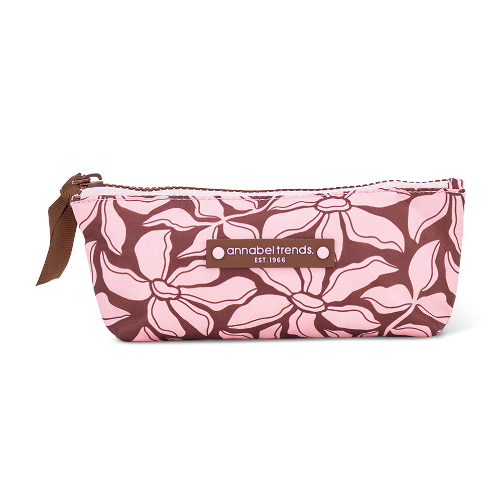 Floral-patterned pouch with a visible brand logo on a white background