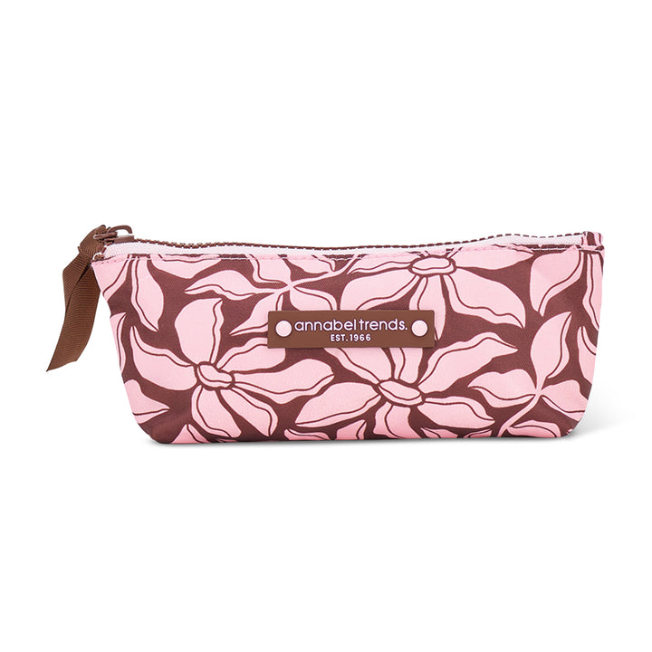 Floral-patterned pouch with a visible brand logo on a white background