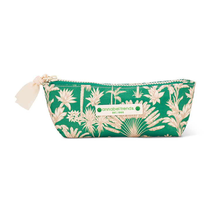 Green pouch with floral pattern and tassel on a white background