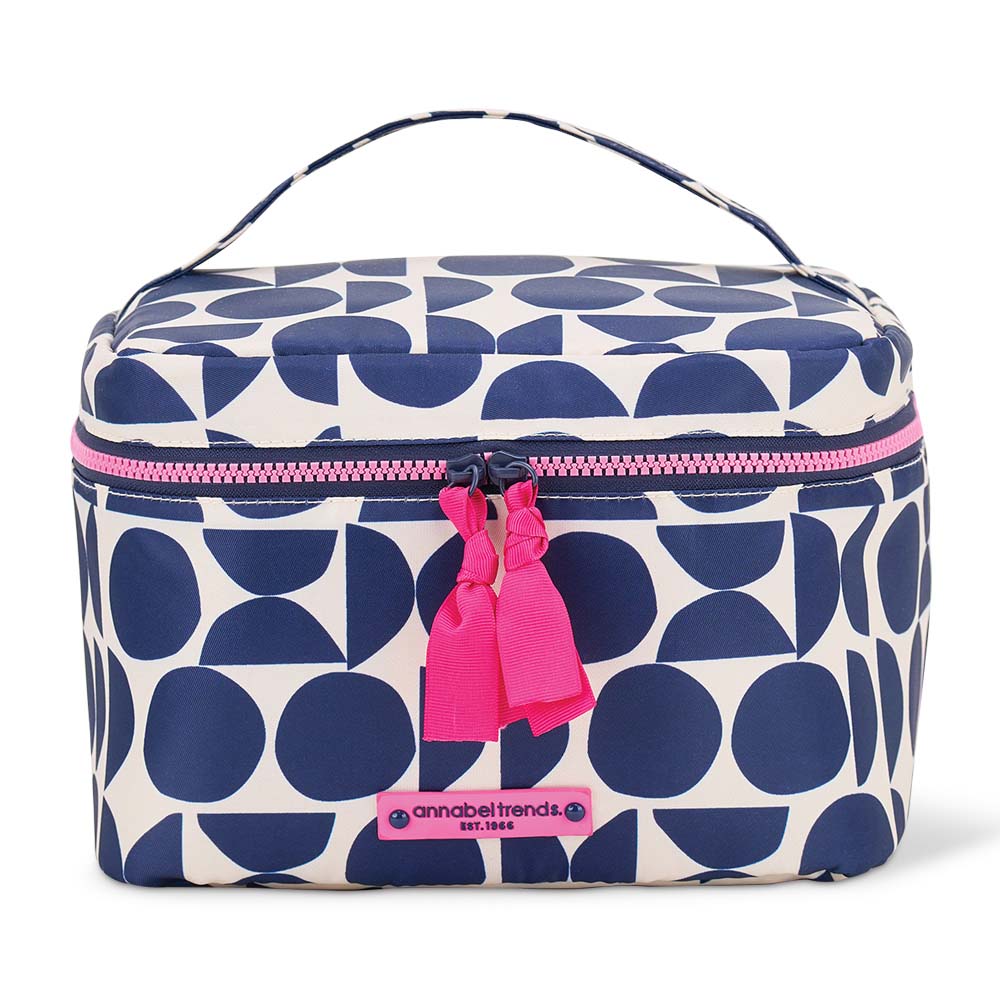 Cosmetic bag with blue and white geometric pattern and pink accents on a white background