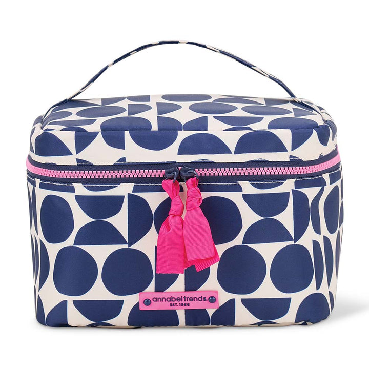 Cosmetic bag with blue and white geometric pattern and pink accents on a white background