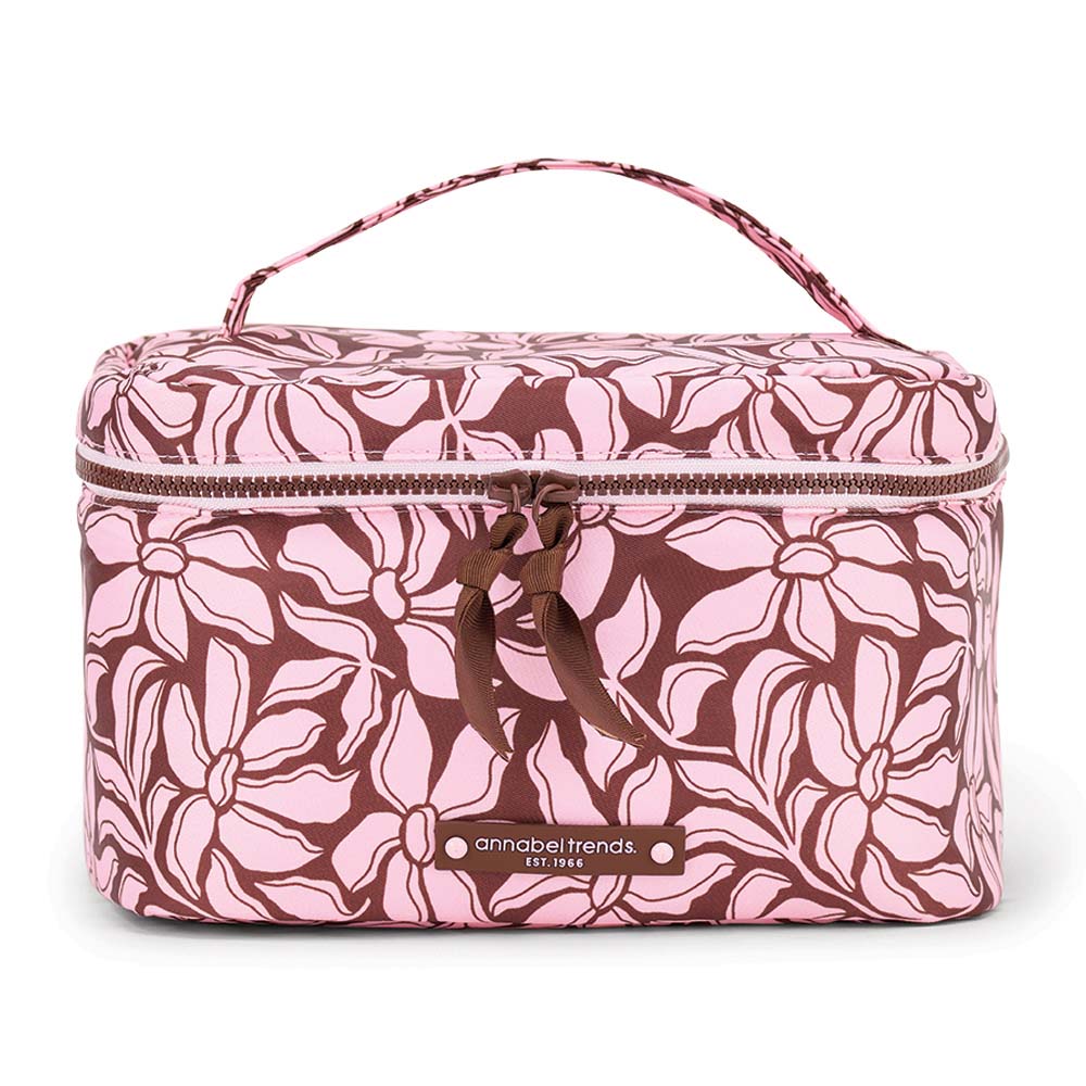 Pink floral-patterned cosmetic bag with a handle on a white background