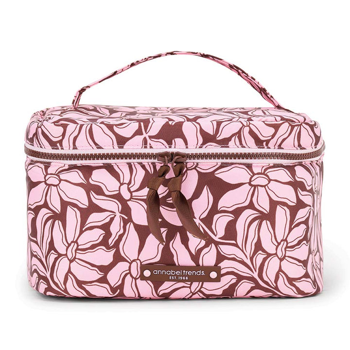 Pink floral-patterned cosmetic bag with a handle on a white background