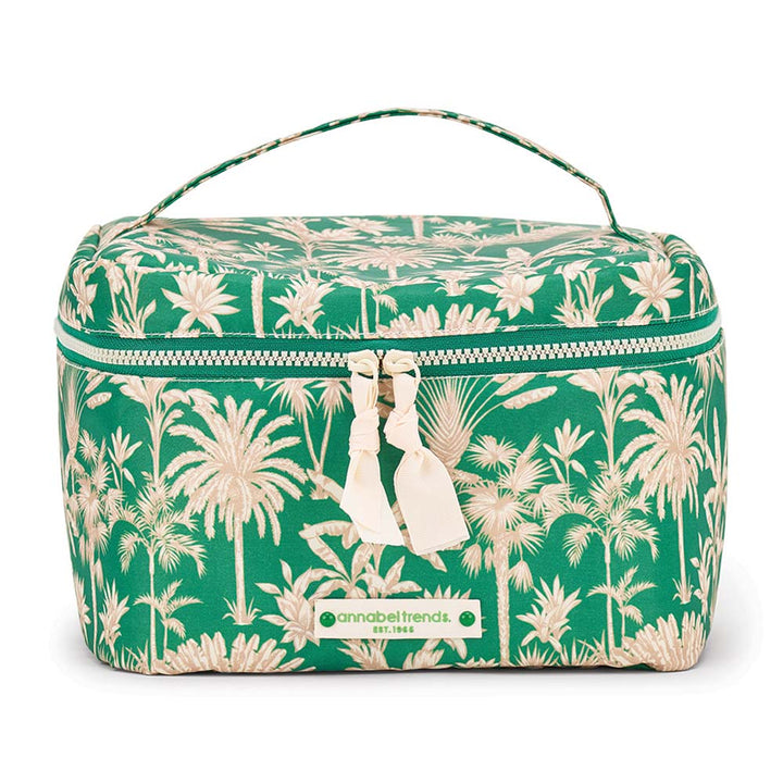 Green cosmetic case with palm tree pattern on a white background