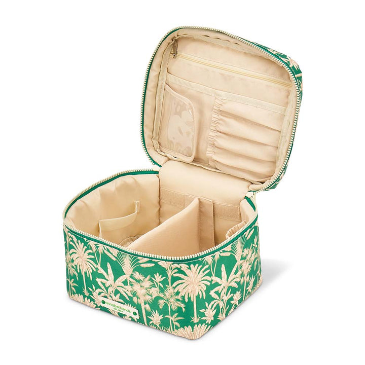 Green and beige floral-patterned jewelry box with open lid on a white background