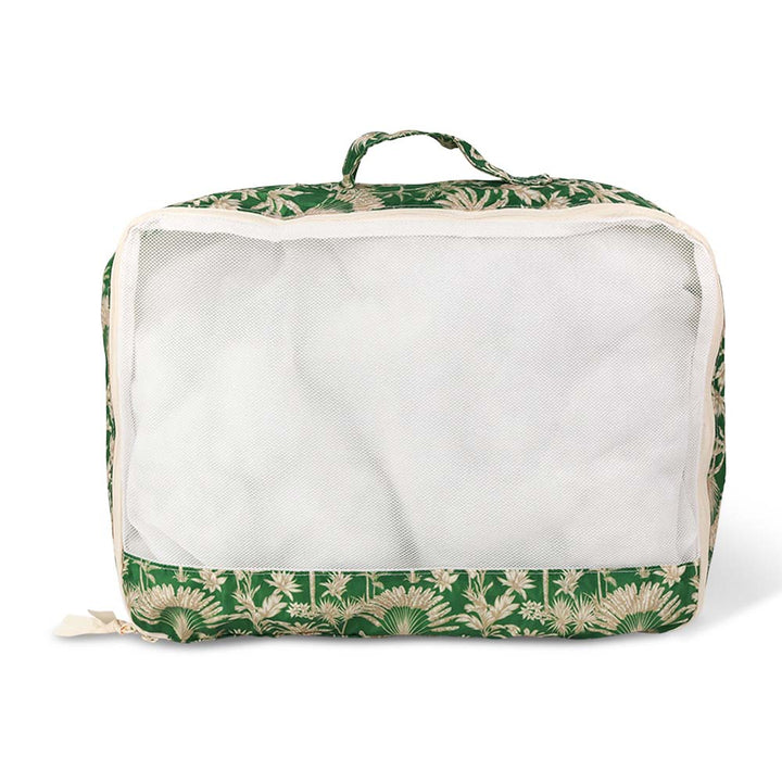Green floral-patterned packing cube on a white background