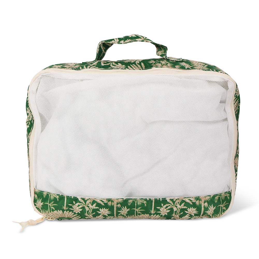 Green and white floral-patterned travel packing cube on a white background