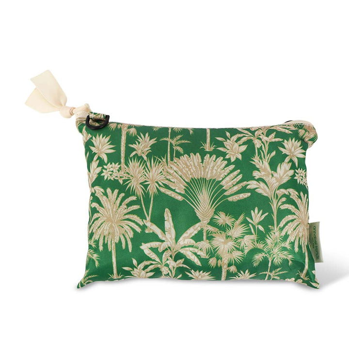 Green pouch with beige floral pattern on a white background