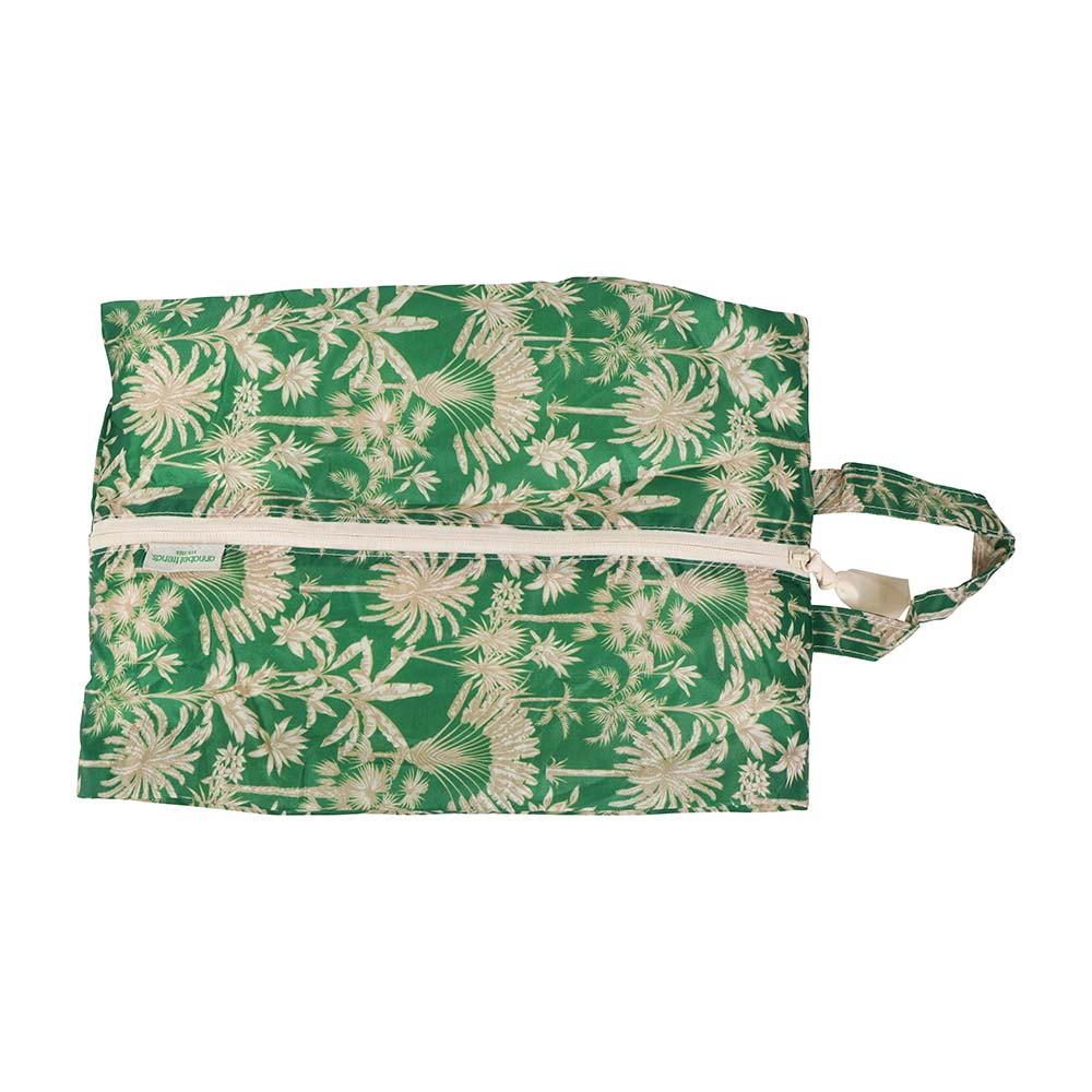 Green and white floral-patterned shoe bag with a zipper on a white background