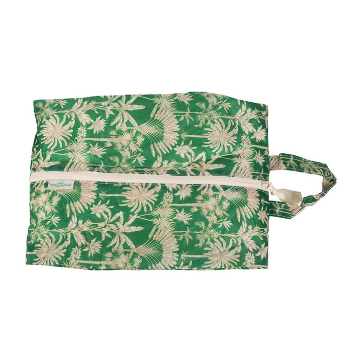 Green and white floral-patterned shoe bag with a zipper on a white background