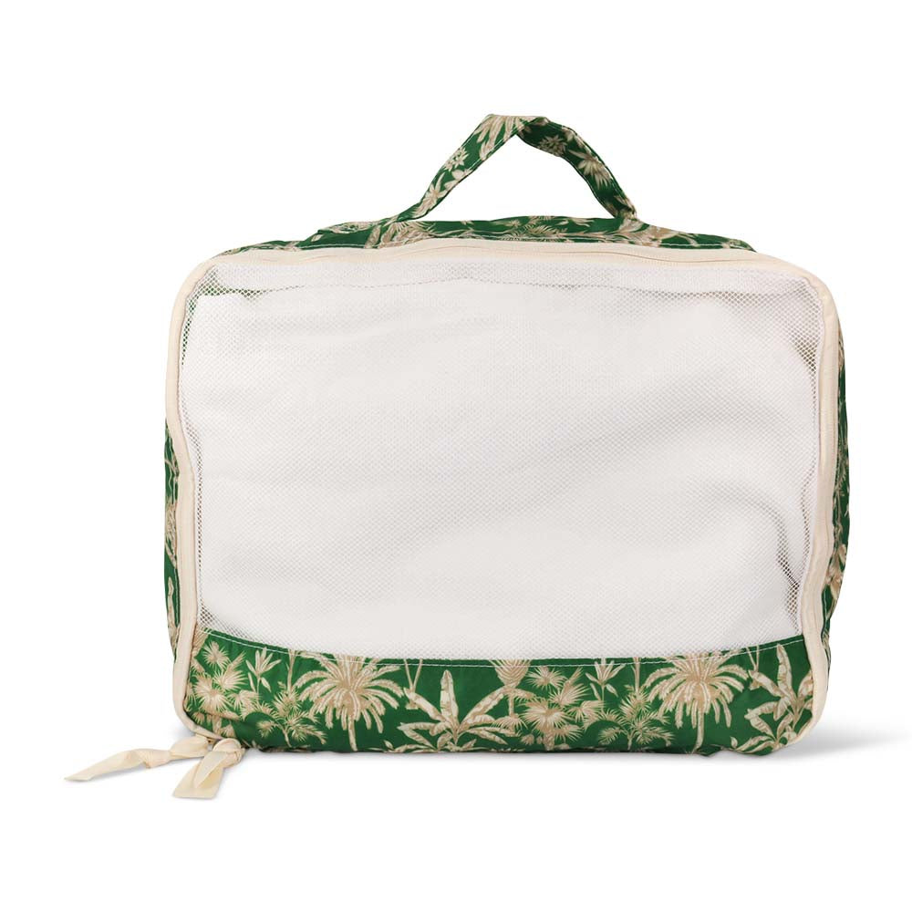 Green floral-patterned travel bag with a white interior on a white background