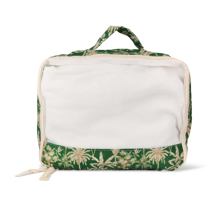 Green floral-patterned travel bag with a white interior on a white background