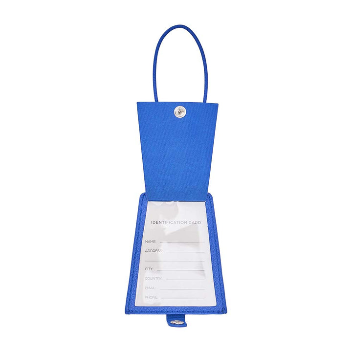 Blue card holder with a clear window on a white background