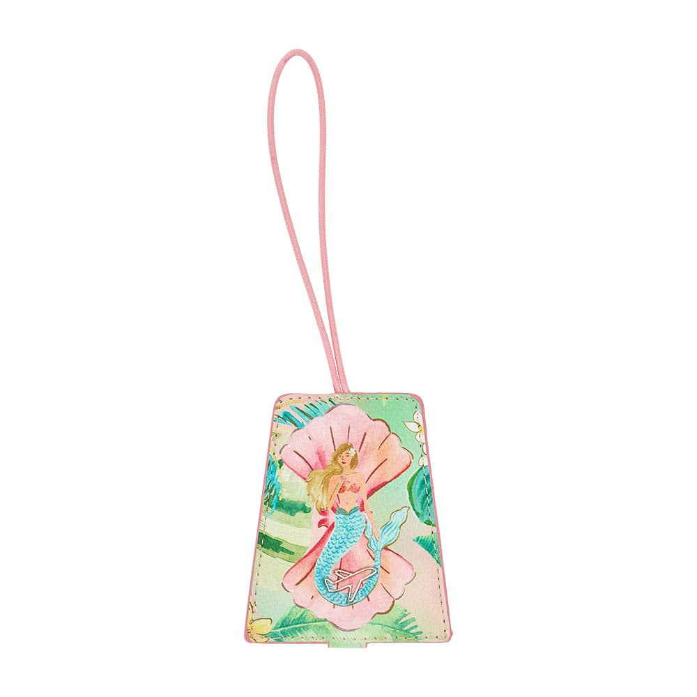 Mermaid-themed luggage tag with a pink strap on a white background