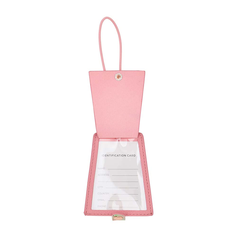 Pink luggage tag with a clear window on a white background