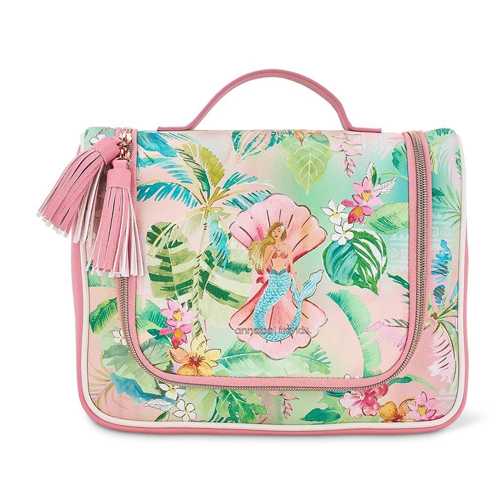 Mermaid-themed toiletry bag with tropical design on a white background