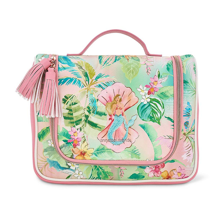 Mermaid-themed toiletry bag with tropical design on a white background