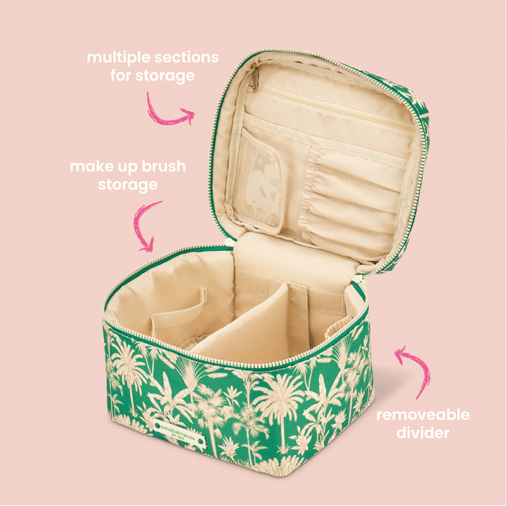 Makeup organizer with floral design on a pink background