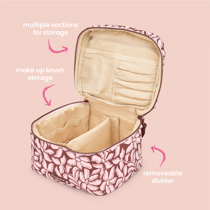 Makeup organizer with floral pattern on a pink background, showing multiple sections for storage.
