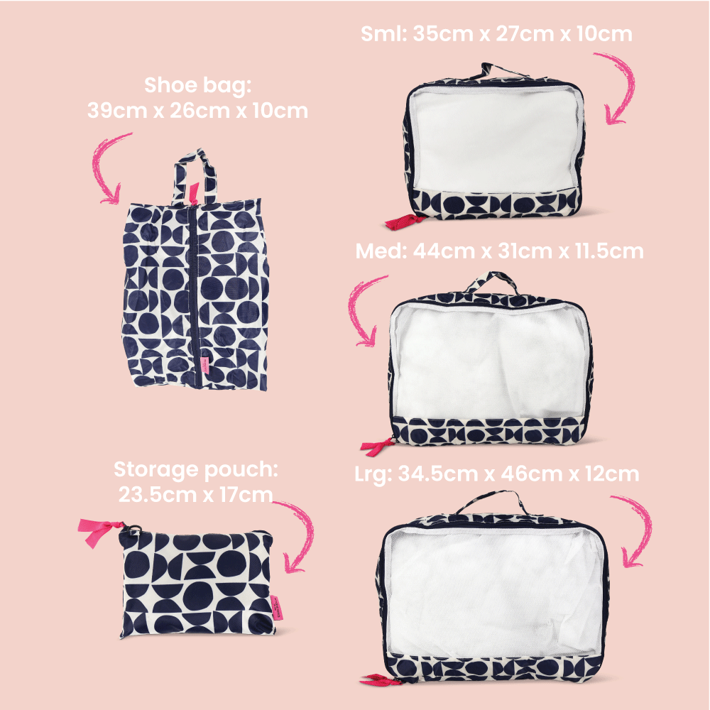 Set of four bags with measurements on a pink background