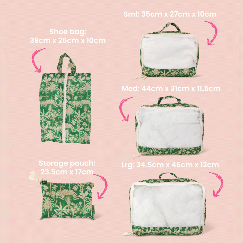 Set of green floral packing cubes with dimensions labeled on a pink background