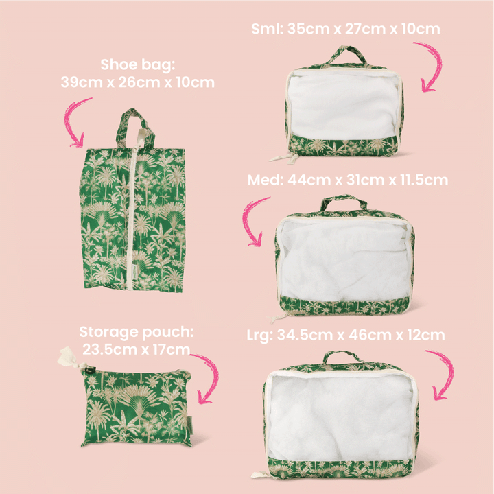 Set of green floral packing cubes with dimensions labeled on a pink background