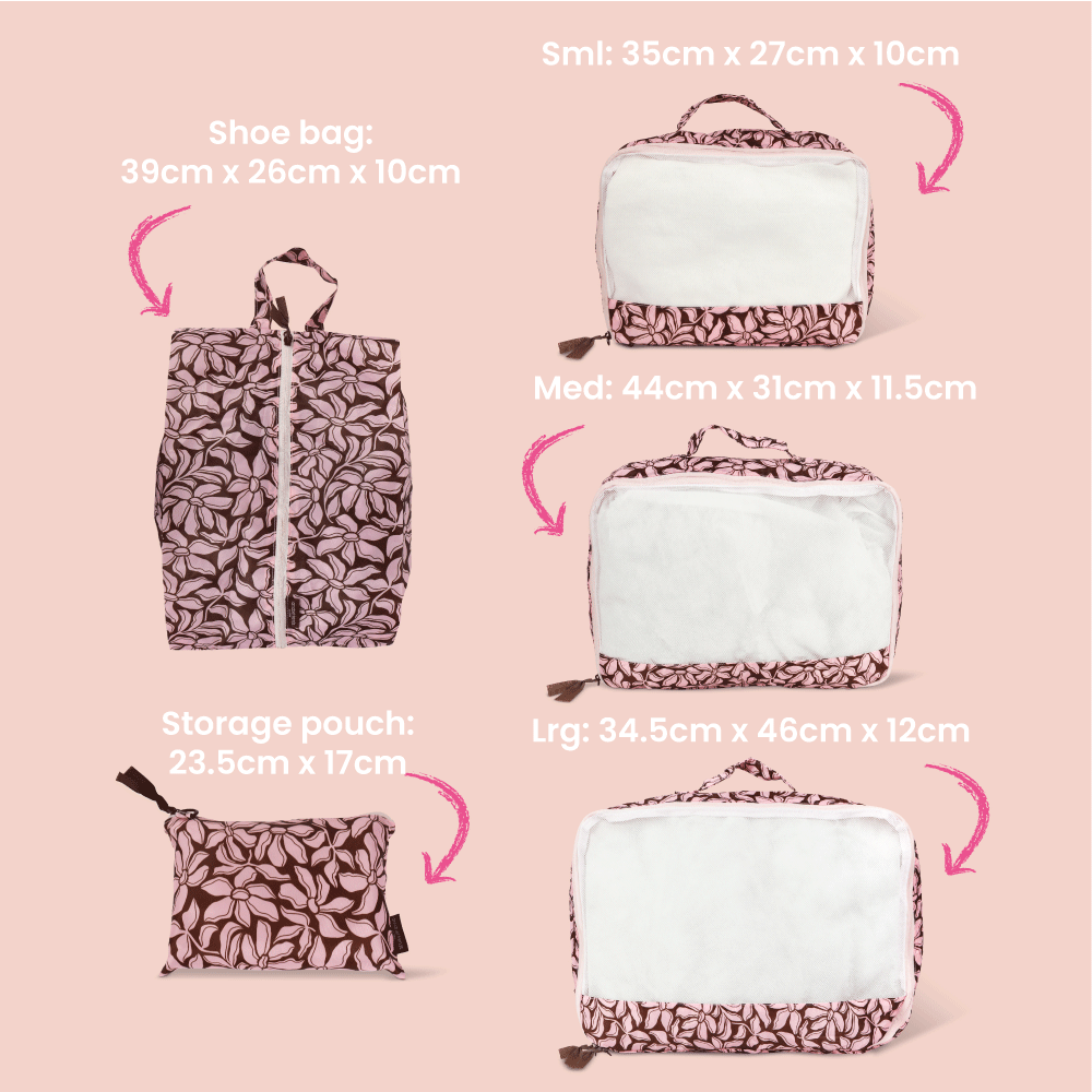 Set of travel bags with dimensions labeled on a pink background