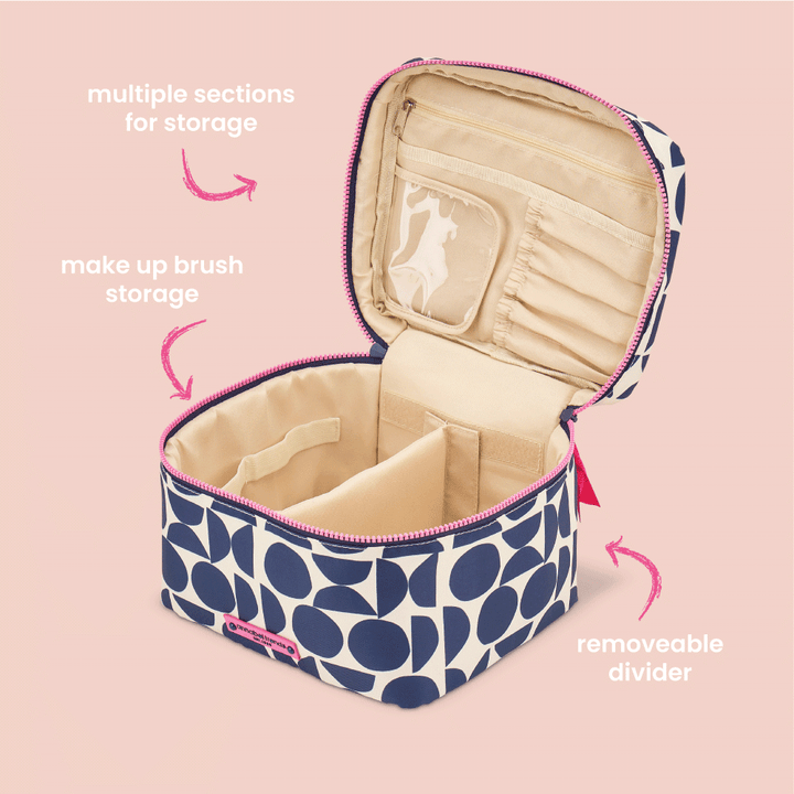Makeup organizer with blue and white pattern on a pink background