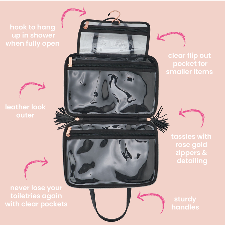 Info graphic for vanity toiletry bag