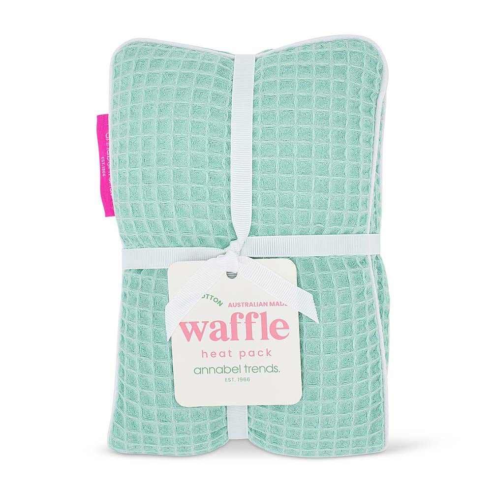 Packaged waffle heat pack with a visible brand label on a white background
