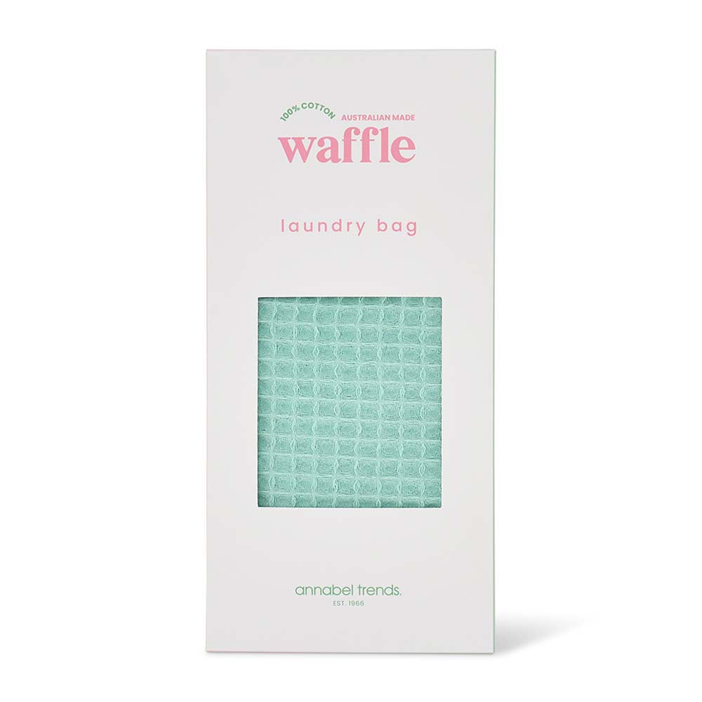 Waffle laundry bag packaging with a green waffle pattern on a white background