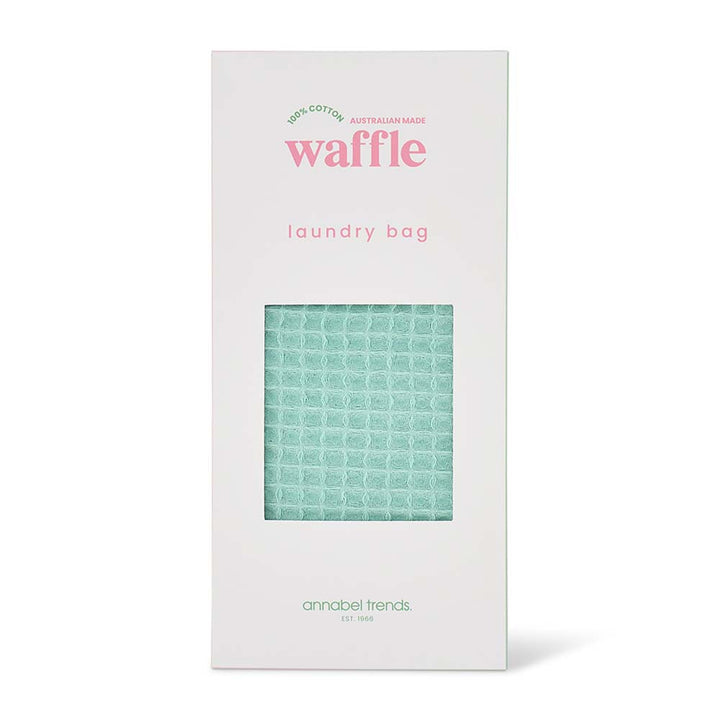 Waffle laundry bag packaging with a green waffle pattern on a white background