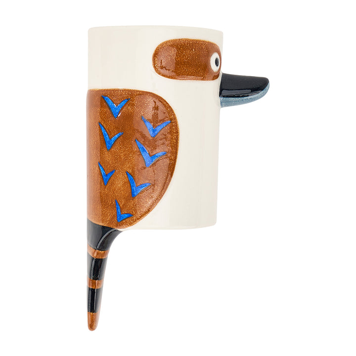 Ceramic Wall vase shaped like a kookaburra with brown body, blue feet, and white face on a white background