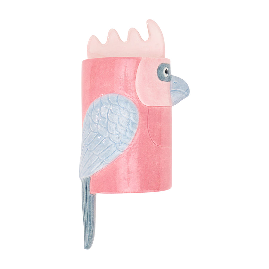 ceramic wall vase shaped like a pink galah with pink crest and beak on a white background