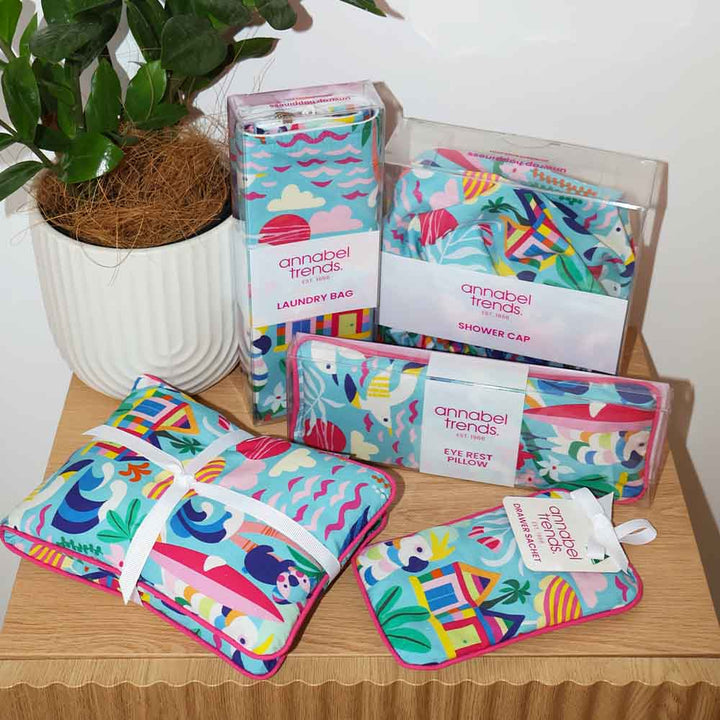 Set of colorful product packaging with 'annabel Trends' branding on a wooden surface.